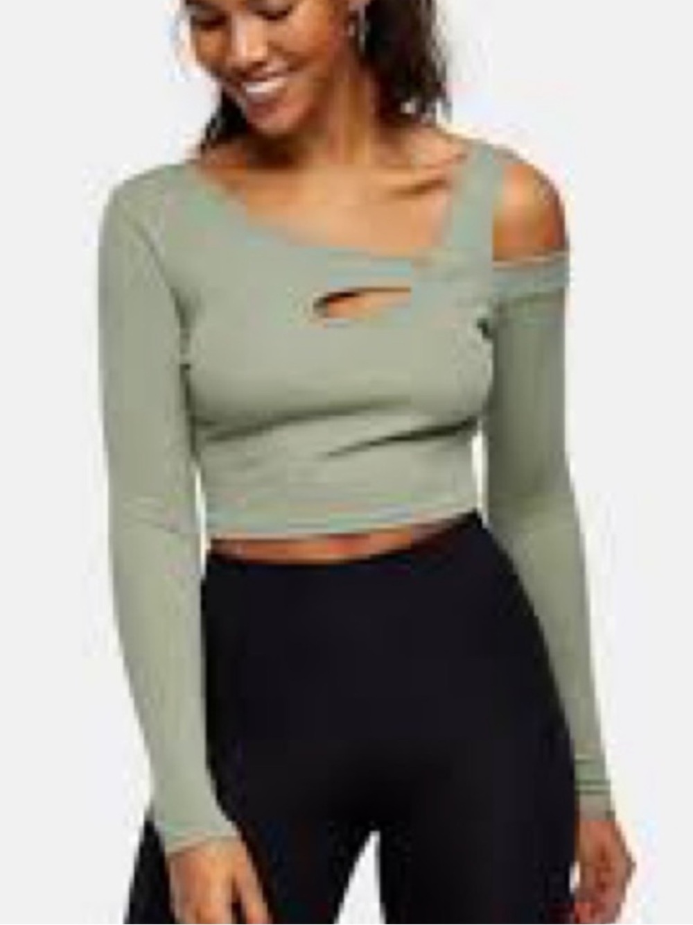 Topshop Sage Green Asymmetric Cutout Long-Sleeve Crop Top